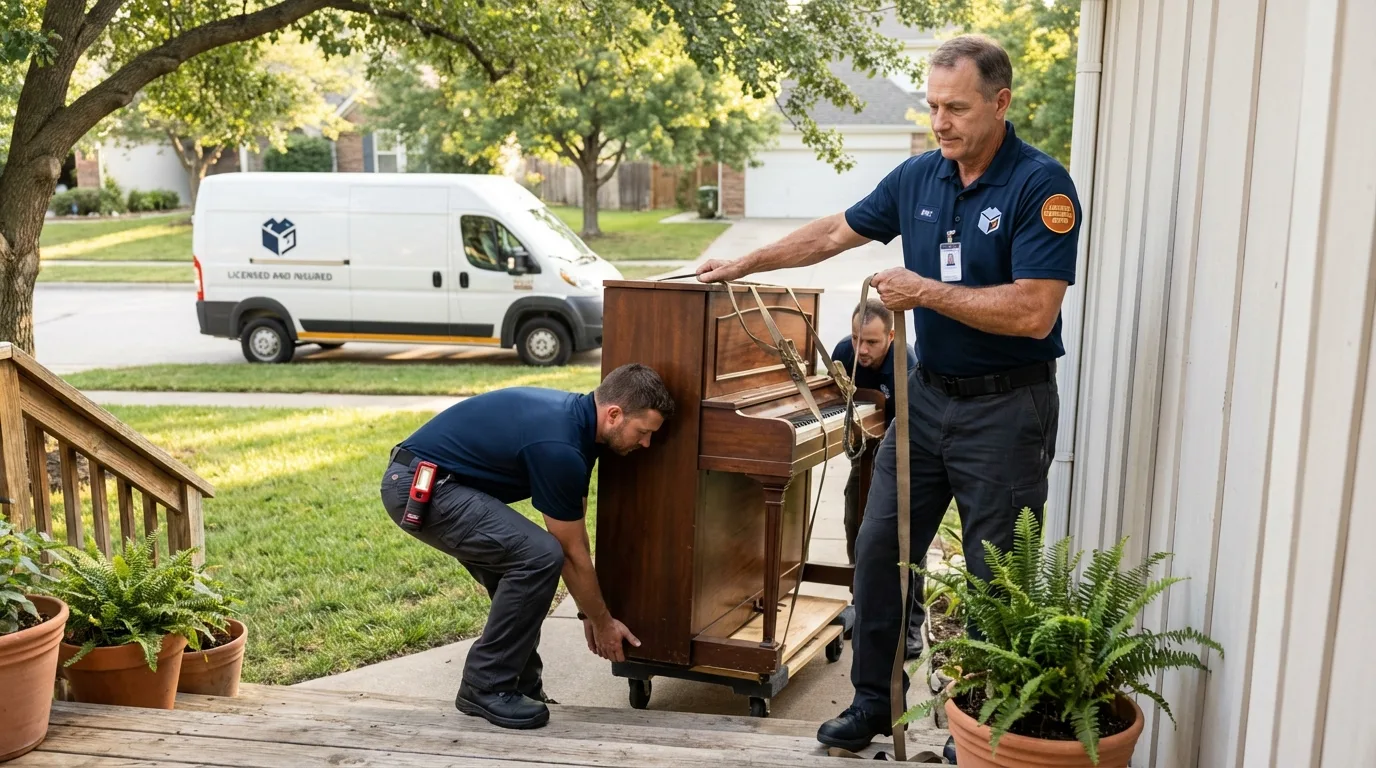 Licensed piano movers securing grand piano in Appalachia, VA
